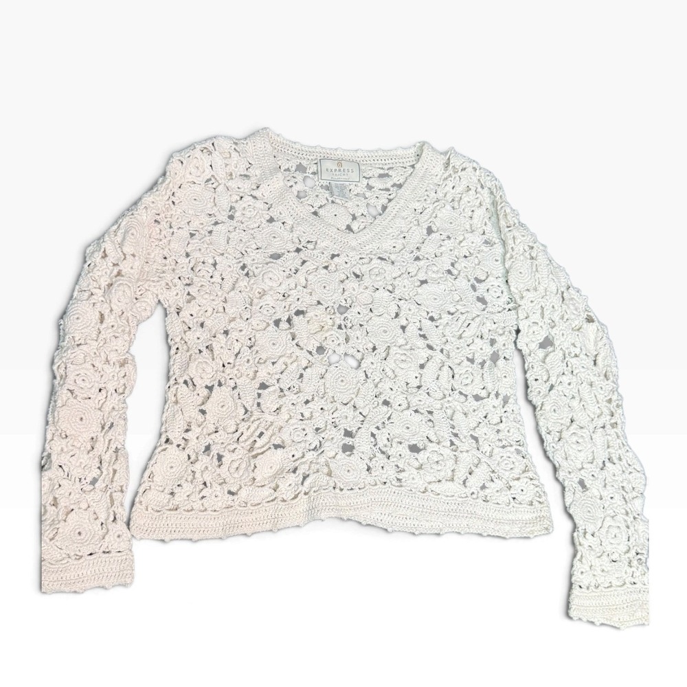 Vintage 90s Express Tricot Handknit Cream Floral Crochet Ramie Cotton Sweater